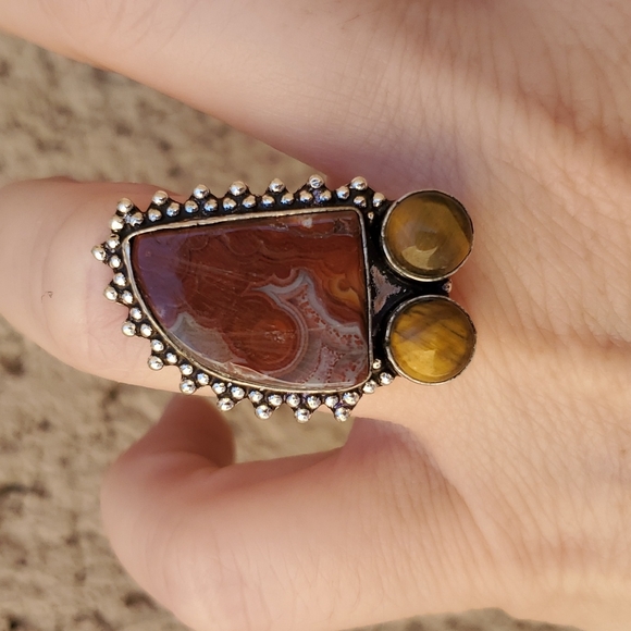 New Lake Superior Agate & Tiger Eye 925 Silver Ring. - Picture 7 of 13